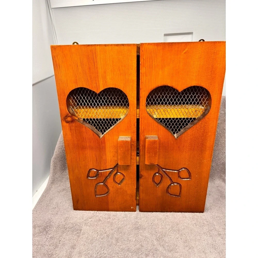 Handmade Wood Wall Cabinet Small Brown Good Heart Mesh Carved Leaf Rustic Decor